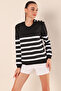 15820 Button Detailed Striped Sweater - Black