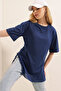 4123 Slit Oversize T-Shirt - Navy Blue - 4