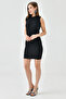 Lined Flexible Sandy Fabric Gathered Collar Detailed Black Dress 8000 - 5