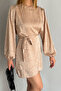 women camel belted mini length satin dress NBKKLF2021 - 3