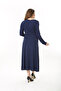 Women's Large Size Navy Blue Kiss Collar Long Sleeve Dress 65N37558 - 7