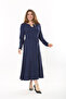 Women's Large Size Navy Blue Kiss Collar Long Sleeve Dress 65N37558 - 3