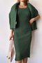 Women's Khaki Knitted Motif High-Neck Crop Sweater and Dress Set - 2