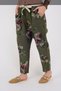 Women's Khaki Italian Elastic Waist Belt Detailed Flower Pattern Carrot Linen Trousers