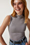 Women's Gray Stand Collar Sleeveless Viscose Knitted Blouse RX00050 - 3