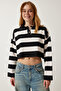 Women's Black and White Stylish Buttoned Collar Striped Crop Knitwear Sweater BV00115