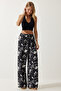 Women's Vibrant Black Patterned Flowing Viscose Palazzo Trousers EN00606