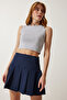 Women's Navy Blue Pleated Mini Woven Skirt RV00158 - 4