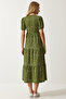 Women's Khaki Wrap Collar Patterned Summer Knit Dress UB00267 - 7