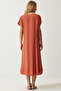 Women's Orange V-Neck Summer Flowing Viscose Dress EN00612 - 7
