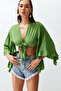 Yeşil Dokuma Volanlı Plaj Crop Bluz TBESS19BB0095