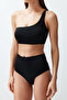 Siyah Tek Omuz Kaplı Hipster Yüksek Bel Regular Basic Bikini Takımı TBESS24BT00126 - 5