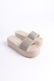 Women's Beige Silver Stone Flat Wedge Heeled High Sole Slippers - 2