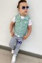 Boy's Eye and Text Printed T-Shirt Zero Sleeve Jean Water Green Vest Bottom Top Set - 2