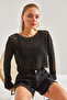 Women's Black Openwork Knitwear Blouse 20246047 - 6