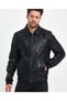 Men's Genuine Jumbo Leather jacket Black Color Shirt Collar Waist section Knitted