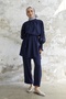 Stone Detailed Balloon Arm Double Satin Set - Navy Blue - 3