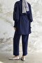 Stone Detailed Balloon Arm Double Satin Set - Navy Blue - 5