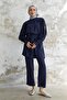 Stone Detailed Balloon Arm Double Satin Set - Navy Blue - 4