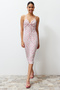 Ecru Floral Printed Wrapped Waist/Skater Strap Midi Knitted Dress TWOSS23EL01454