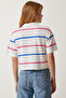 Women's Ecru Pink Polo Collar Striped Short Knitted T-Shirt HF00454 - 5