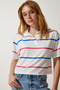 Women's Ecru Pink Polo Collar Striped Short Knitted T-Shirt HF00454 - 2