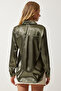 Women's Dark Khaki Light Flowing Satin Surface Shirt DD00990 - 5