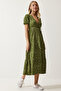 Women's Khaki Wrap Collar Patterned Summer Knit Dress UB00267 - 2