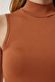 Women's Camel Stand Collar Sleeveless Viscose Knitted Blouse RX00050 - 5