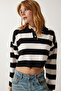 Women's Black and White Stylish Buttoned Collar Striped Crop Knitwear Sweater BV00115 - 2