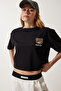 Women's Black Teddy Bear Embroidered Crop Knitted T-Shirt HF00456 - 3