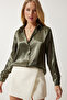 Women's Dark Khaki Light Flowing Satin Surface Shirt DD00990 - 2