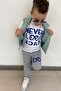 Boy's Eye and Text Printed T-Shirt Zero Sleeve Jean Water Green Vest Bottom Top Set - 3