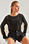 Women's Black Openwork Knitwear Blouse 20246047 - 7