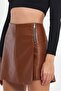 Capped Zipper Detail Leather Shorts Skirt - 4
