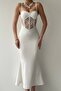 White Atlas Fabric Transparent Lace Detailed Adjustable Strap Design Midi Dress 229 - 4