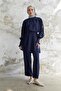 Stone Detailed Balloon Arm Double Satin Set - Navy Blue