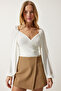 Women's Ecru Elastic Balloon Sleeve Sandy Knitted Blouse FF00154 - 2