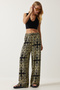Women's Black Beige Patterned Raw Linen Palazzo Trousers BH00397