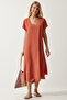 Women's Orange V-Neck Summer Flowing Viscose Dress EN00612 - 3