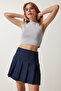 Women's Navy Blue Pleated Mini Woven Skirt RV00158