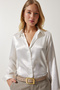 Women's Light Cream Light Flowing Satin Surface Shirt DD00990 - 3