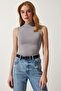 Women's Gray Stand Collar Sleeveless Viscose Knitted Blouse RX00050 - 2