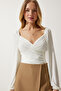 Women's Ecru Elastic Balloon Sleeve Sandy Knitted Blouse FF00154 - 5