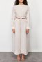 Beige Striped Belt Detail Woven Dress TCTSS24EB00171 - 4