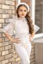Girl's Sleeves and Collar Transparent Tulle Stripe Detailed Glittery White Top and Bottom Set - 4