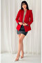 Women's Sleeve Foldable Liner Leopard Pattern Buttonless Blazer Jacket Red - 2