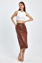 Women's Gathered Slit Faux Leather Skirt - 5