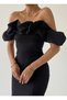 Women's Black Atlas Fabric Frilly Collar Design Mini Dress 223 - 4