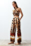 Leopard Pattern Woven 100% Cotton Blouse Trousers Set Tbess24Au00013 - 2